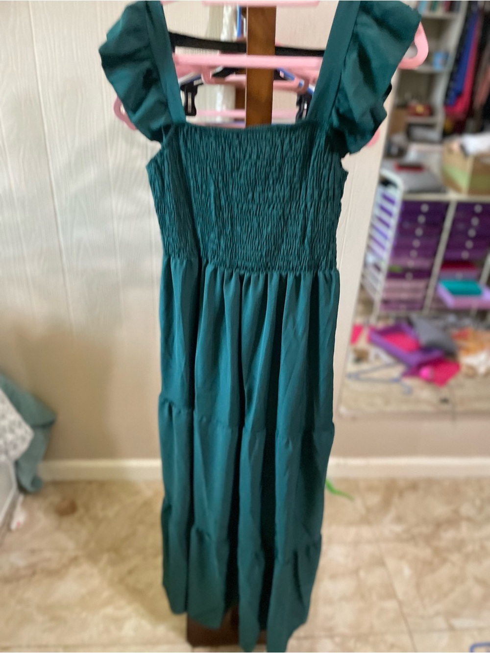 Woman’s Smocked Maxi Dress in Teal Green
